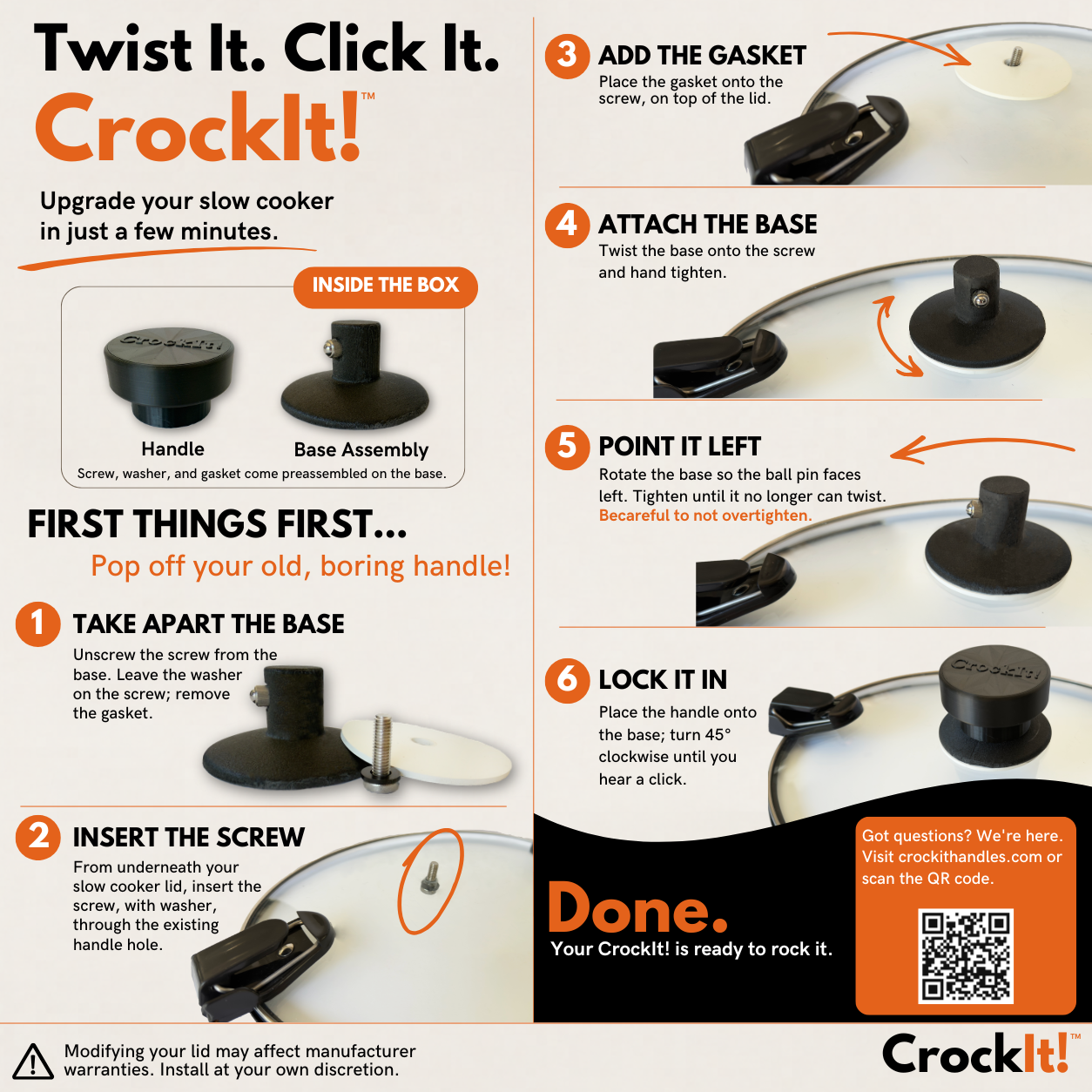 Instructions for installing a CrockIt! handle on a slow cooker.